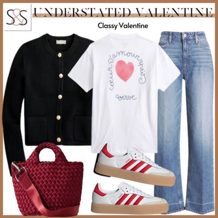 Je t’aime! Your Valentine’s Day outfit needs a pop of color! This heart graphic tee with a lady jacket and Adidas sneakers are sure to wow Franklin from accounting. 

#LTKU #LTKSeasonal #LTKMostLoved
