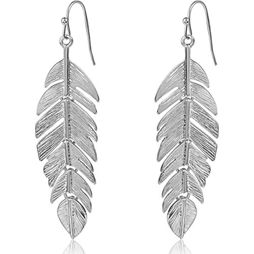 Humble Chic Floating Feathers Dangle Earrings - 925 Sterling Silver Tone Earrings - Long Hanging Metal Link Leaf Drops, Silver Tone | Amazon (US)