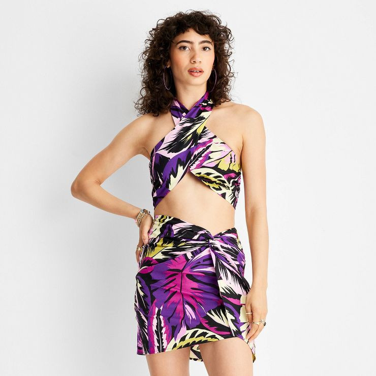 Women's Botanical Wrap Neck Halter Tiny Top - Future Collective™ with Alani Noelle Black/Purple... | Target