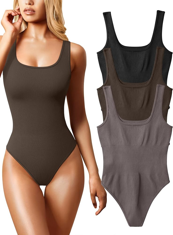 OQQ Women's 3 Piece Bodysuits Sexy Ribbed Sleeveless Square Neck Tank Tops Leotard 2025 Trendy Ou... | Amazon (US)