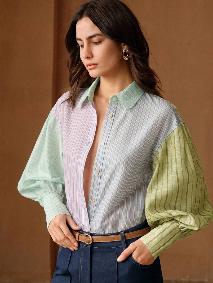 Anewsta Urban Chic French Dopamine Asymmetrical Mint Blue Patchwork Polo Collar Lantern Sleeve Lo... | SHEIN