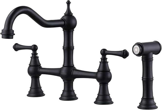 WOWOW Black Kitchen Faucet with Side Sprayer, 4 Hole Brass Kitchen Faucets for Sink, 2 Handle 8 I... | Amazon (US)