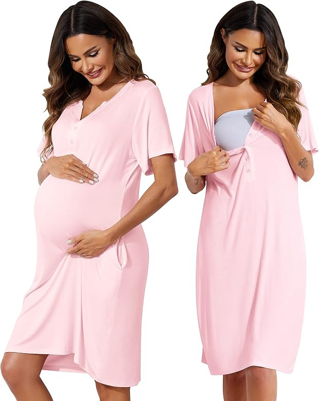 Ekouaer Women Short Sleeve Nightgown Striped Nursing Nightgown Breastfeeding Sleep Dress | Amazon (US)
