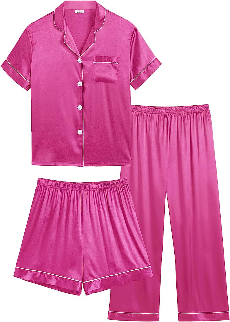 SWOMOG 3 pcs Kids Girls Boys Satin Pajamas Set Silk Button-Down PJs Sets Soft Lounge Sets Short S... | Amazon (US)