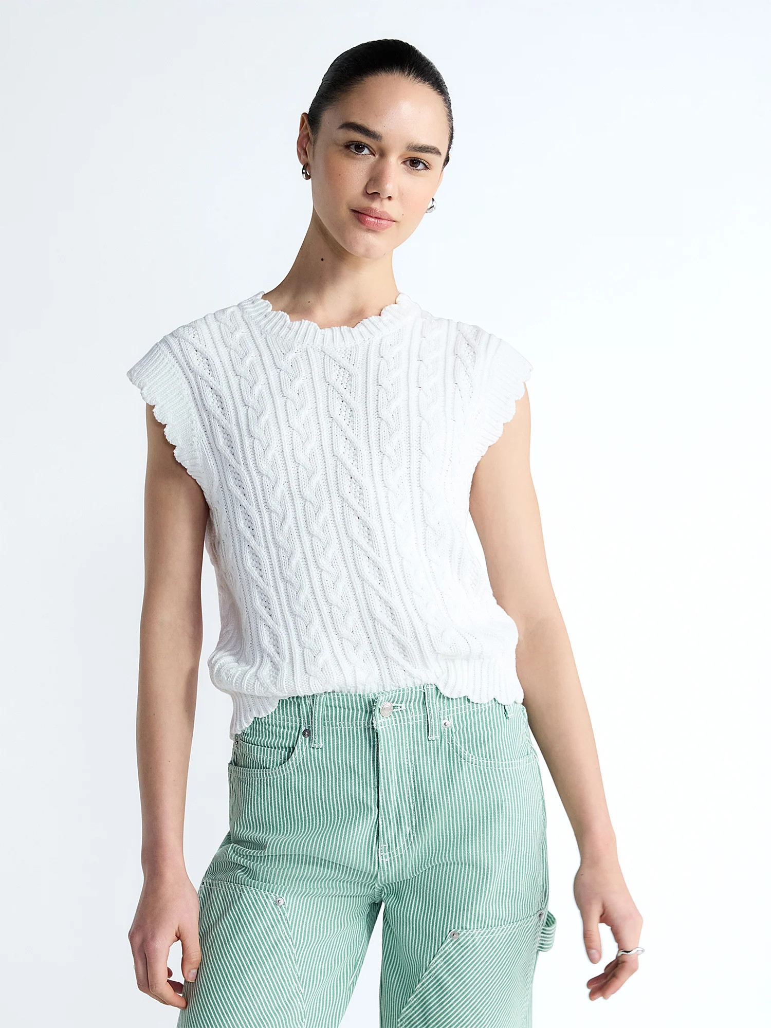 Free Assembly Women's Scalloped Cable Knit Cotton Vest, Sizes XS-XXL | Walmart (US)