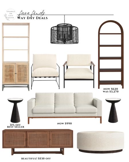 Way Day sale. Modern sofa white. Tall shelves unit wooden. White accent chair modern. Round ottoman white. Black side table modern. Black chandelier modern/ 

#LTKsalealert #LTKFind #LTKhome