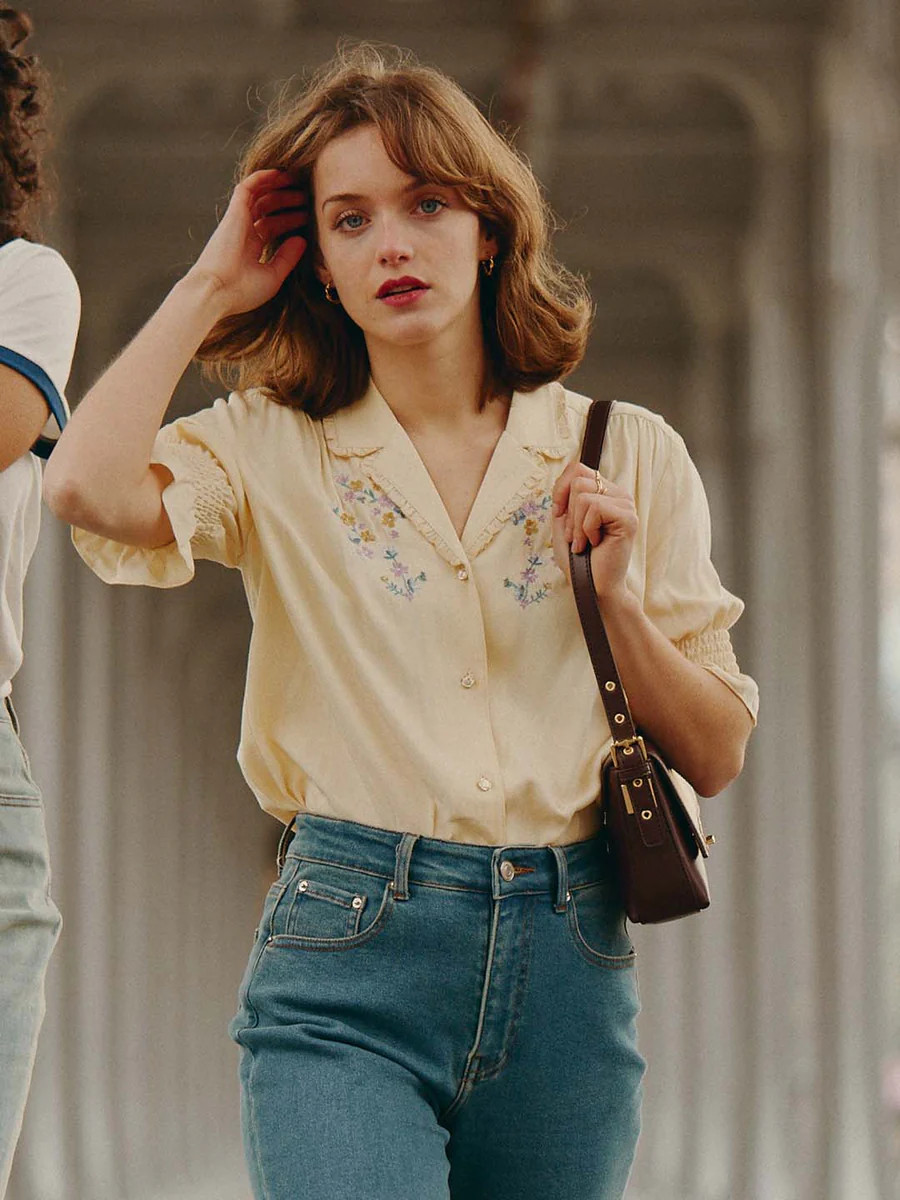Alicia Floral Embroidery V-Neck Blouse | SimpleRetro