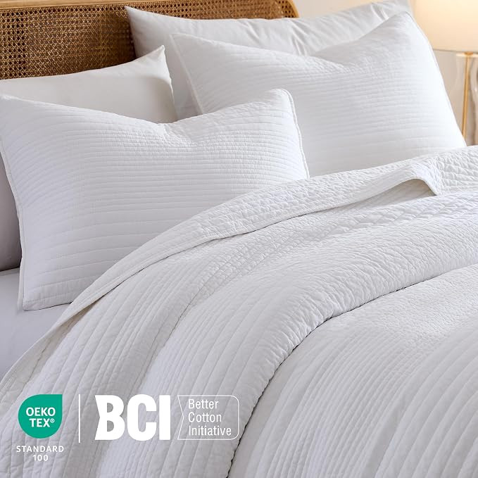 Striped White 100% Cotton Quilt California Cal King Size Bedding Sets, Oversized Lightweight Chan... | Amazon (US)
