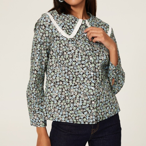 Maje City Peter Pan Collared Floral Ruffle‎ Top Women's 2 Cotton Long Sleeve EUC | Poshmark