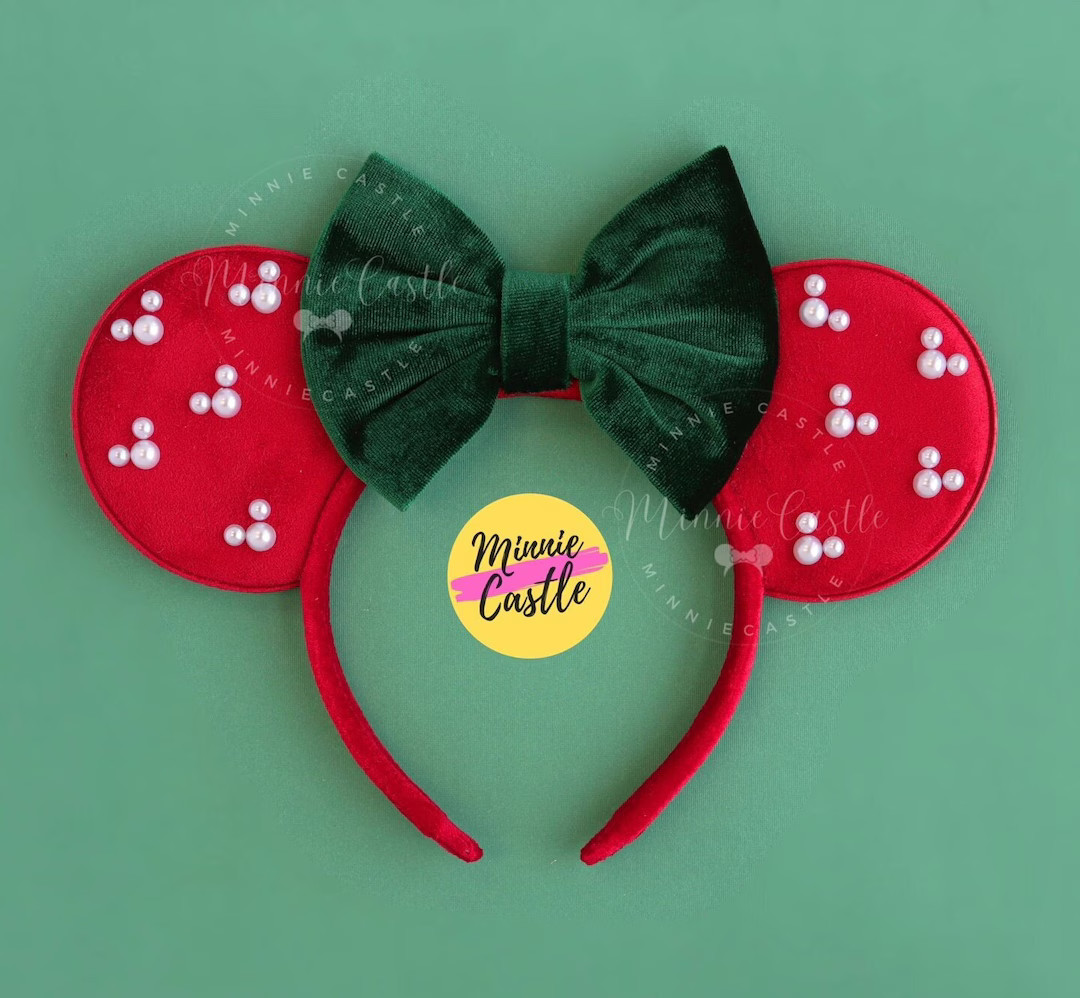 Mickey Christmas Mouse Ears, Mickey Pearl Ears, Minnie Ears, Velvet Bow Mouse Ears, Holiday and B... | Etsy (US)