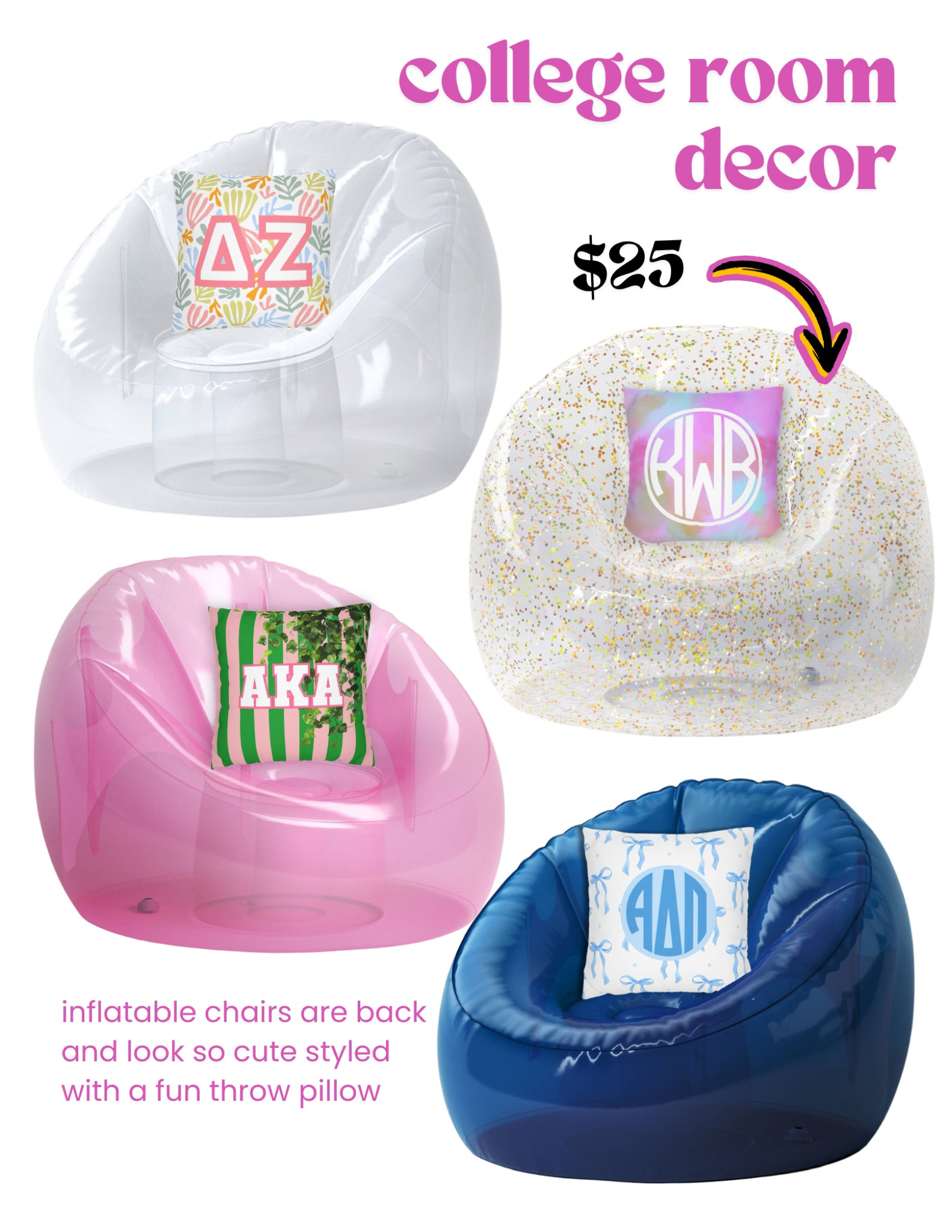 Inflatable chairs are $25 and would be so cute in a dorm room, college apartment or play room. Add a personalized or sorority throw pillow and you are set!

#LTKKids #LTKBacktoSchool #LTKHome