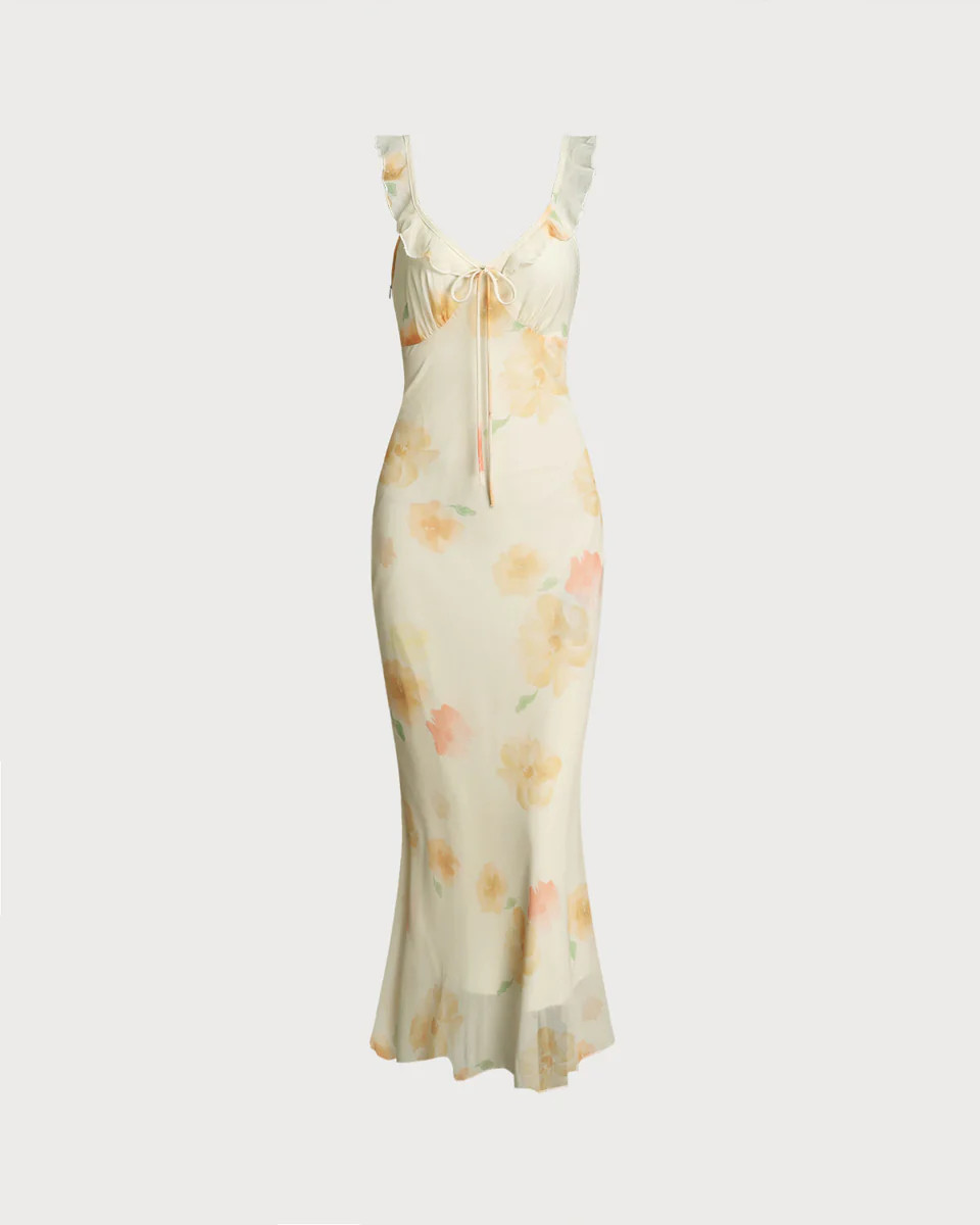 Yellow Floral Ruffle Mermaid Maxi Dress | rihoas.com