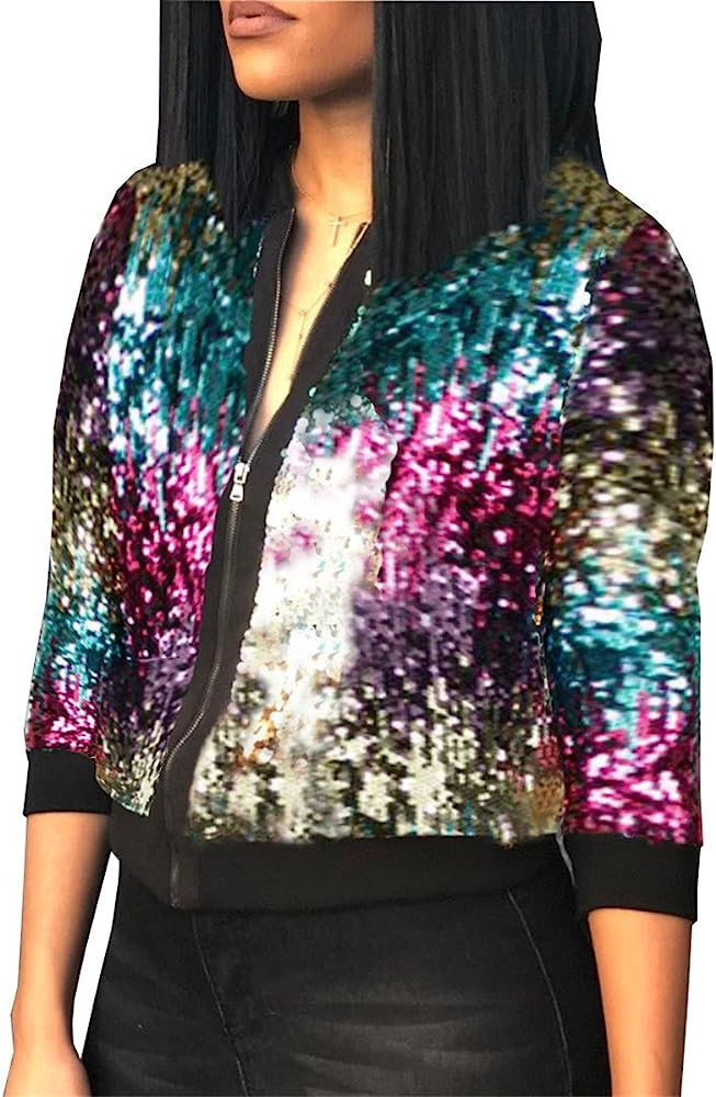 Womens Sparkly Short Jackets Long Sleeve Sequins Zipper Party Clubwear Outwear Coats | Amazon (US)