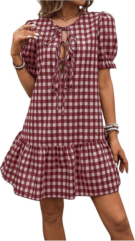 MakeMeChic Women's Plaid Gingham Bow Tie Front Mini Dress Short Sleeve Ruffle Hem Dresses | Amazon (US)