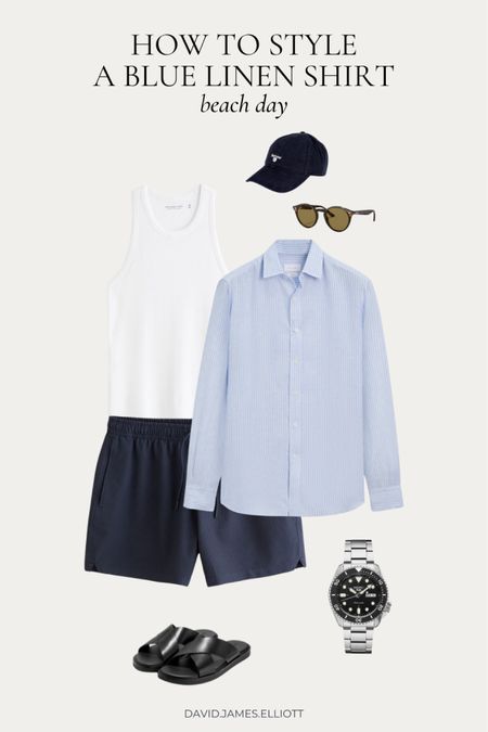 Summer beach day outfit with a blue linen shirt and navy swim trunks! 

#LTKMens