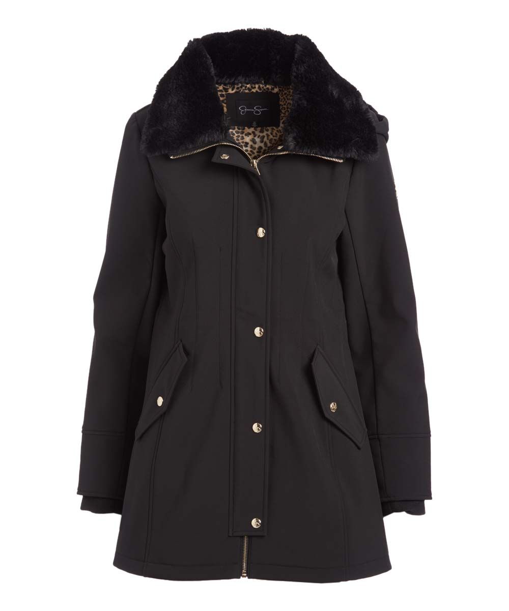 Jessica Simpson Collection Women's Car Coats BLACK - Black Faux Fur Collar Soft-Shell Jacket - Women | Zulily