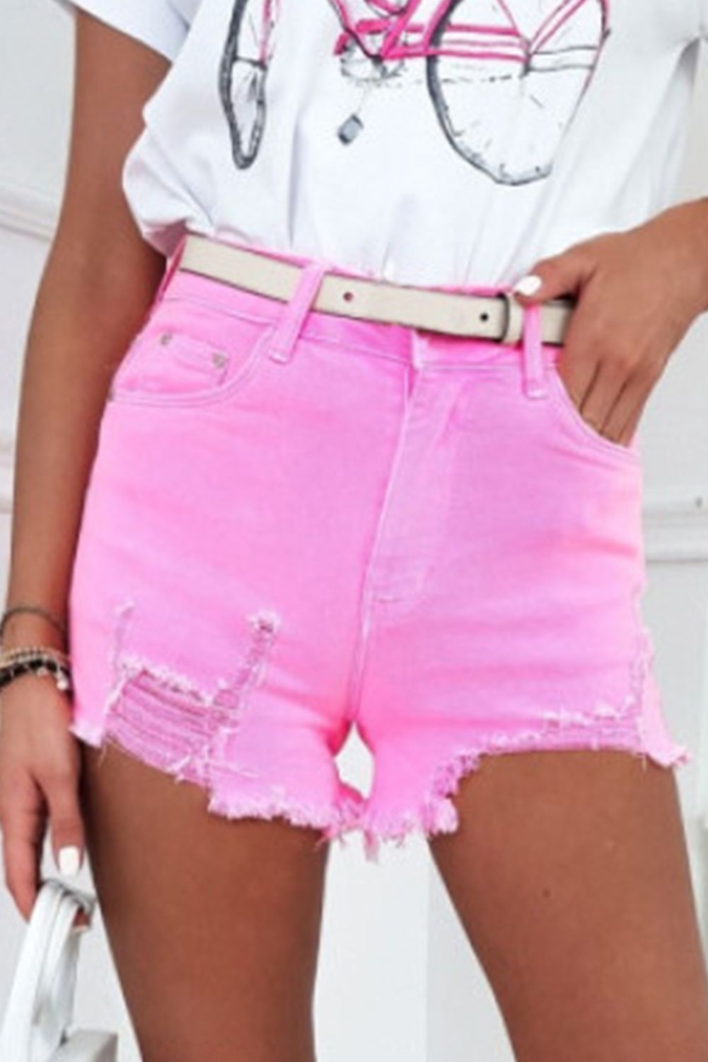 Rose Solid Color Distressed Denim Shorts | Shewin
