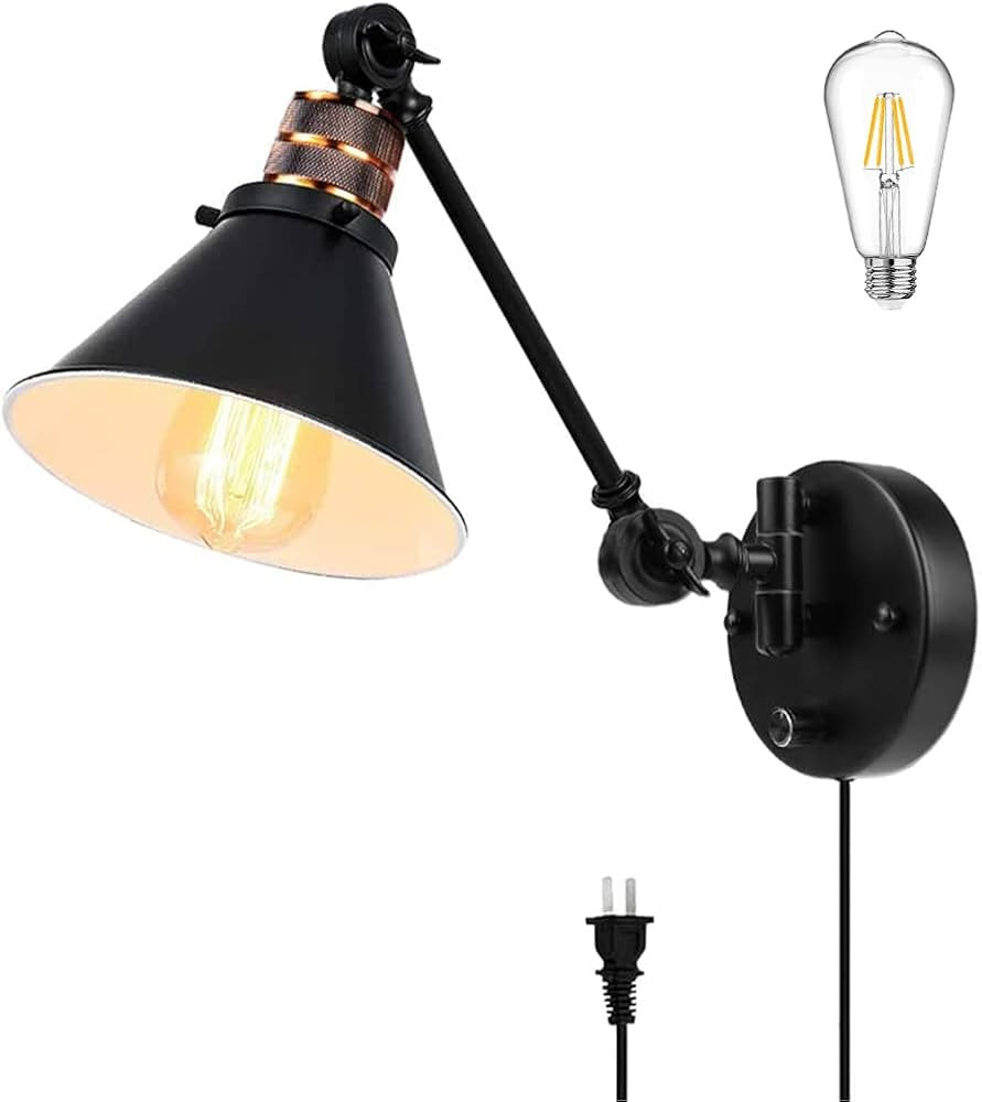PARTPHONER Plug in Wall Sconces Swing Arm Wall Lamp with Dimmable On Off Switch, Metal Black Vintage | Amazon (US)