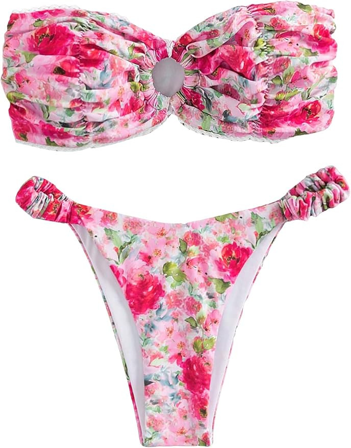 GORGLITTER Women's Floral Swimsuit Strapless Bandeau High Cut Thong Bikini Set Bathing Suit | Amazon (US)