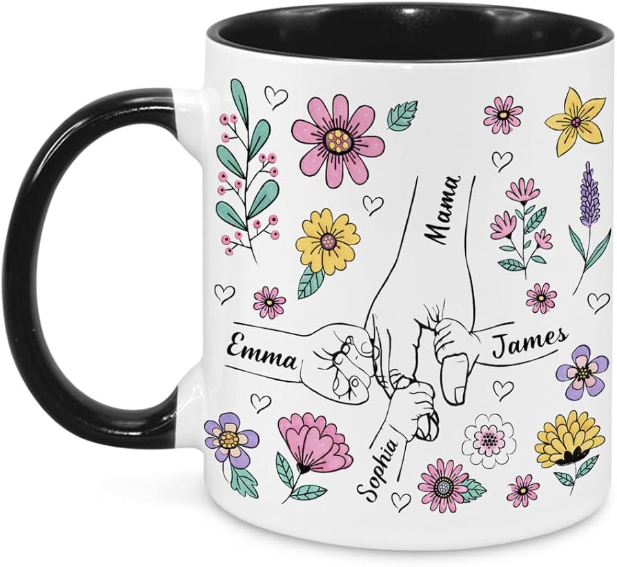 Personalized Mama Mug with Kids Names, Custom Floral Mom Coffee Mug, Mother Holding Hands Line Ar... | Amazon (US)