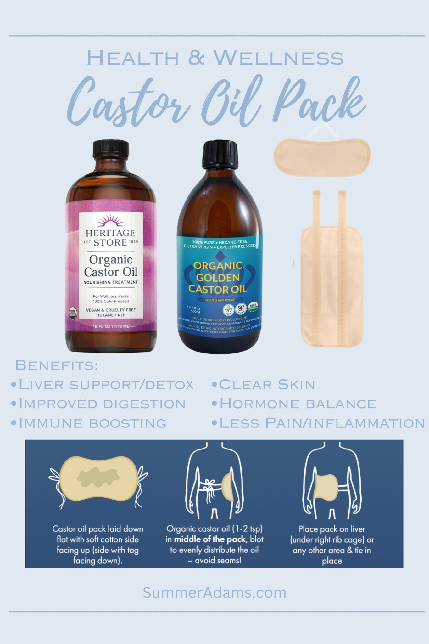 On my holistic health healing journey the last few years, one of the most beneficial things I have found has been to use castor oil! I especially love castor oil packs and wearing them overnight. You can start off with wearing it just an hour at a time. You can put the castor oil on a pack or you can also massage it into your scars/wounds. I even put some in my eyes overnight to help improve my vision and get rid of floaters. It also helps improve the growth of your eyelashes and eyebrows. No, it will not grow hair all of your face lol. It has also helped people get rid of cavities by oil pulling with the castor oil. Make sure it is organic cold pressed hexane free and in an amber glass bottle. These two options are the very best castor oils you can buy and this pack is the very best and is organic. It seeps down into the organs, through the skin. *This is NOT medical advice! Just sharing what I’ve learned that has helped me.*

#LTKfindsunder50 #LTKfitness #LTKhome