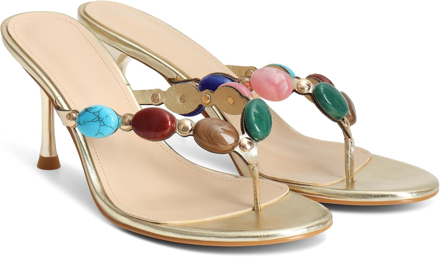 Jeweled Flip Flop Kitten Heels for Women Open Toe Beaded Strappy High Heels Sandals Slip On Thong Heeled Mules Mid Heel Fashion Party Dress Shoes | Amazon (US)