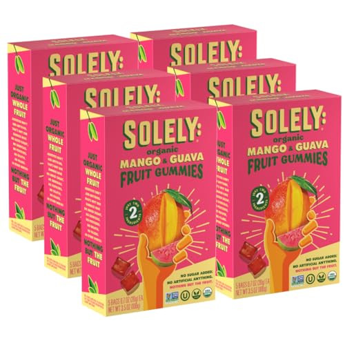 SOLELY - Organic Mango & Guava Whole Fruit Gummies (Pack of 6 Boxes, 5 Bags per Box) - Real Fresh Fruit - Healthy Snacks for Adults & Kids - Non GMO, Vegan Snacks, Shelf Stable - 30 Bags (3.5 oz) | Amazon (US)