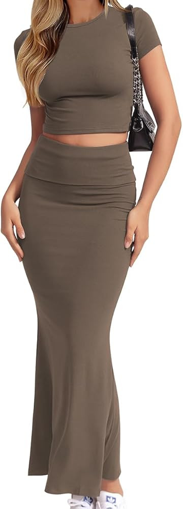 CHYRII Womens Two Piece Sets Short Sleeve Crewneck Cropped Top Bodycon Fold Over Maxi Skirt Maxi ... | Amazon (US)