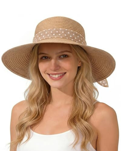 Senker Fashion Sun Hats for Women UV Protection, Wide Brim Beach Straw Derby Hat Packable Floppy for Summer Vacation UPF 50+ Khaki | Amazon (US)