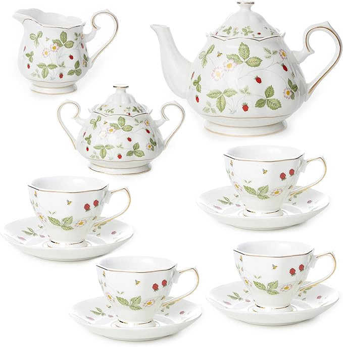 Fine China 15-Piece Coffee Cup/Tea Cup Set,1 Teapot 1 Sugar Bowl 1 Cream Pitcher, 4 Cups And Sauc... | Amazon (US)