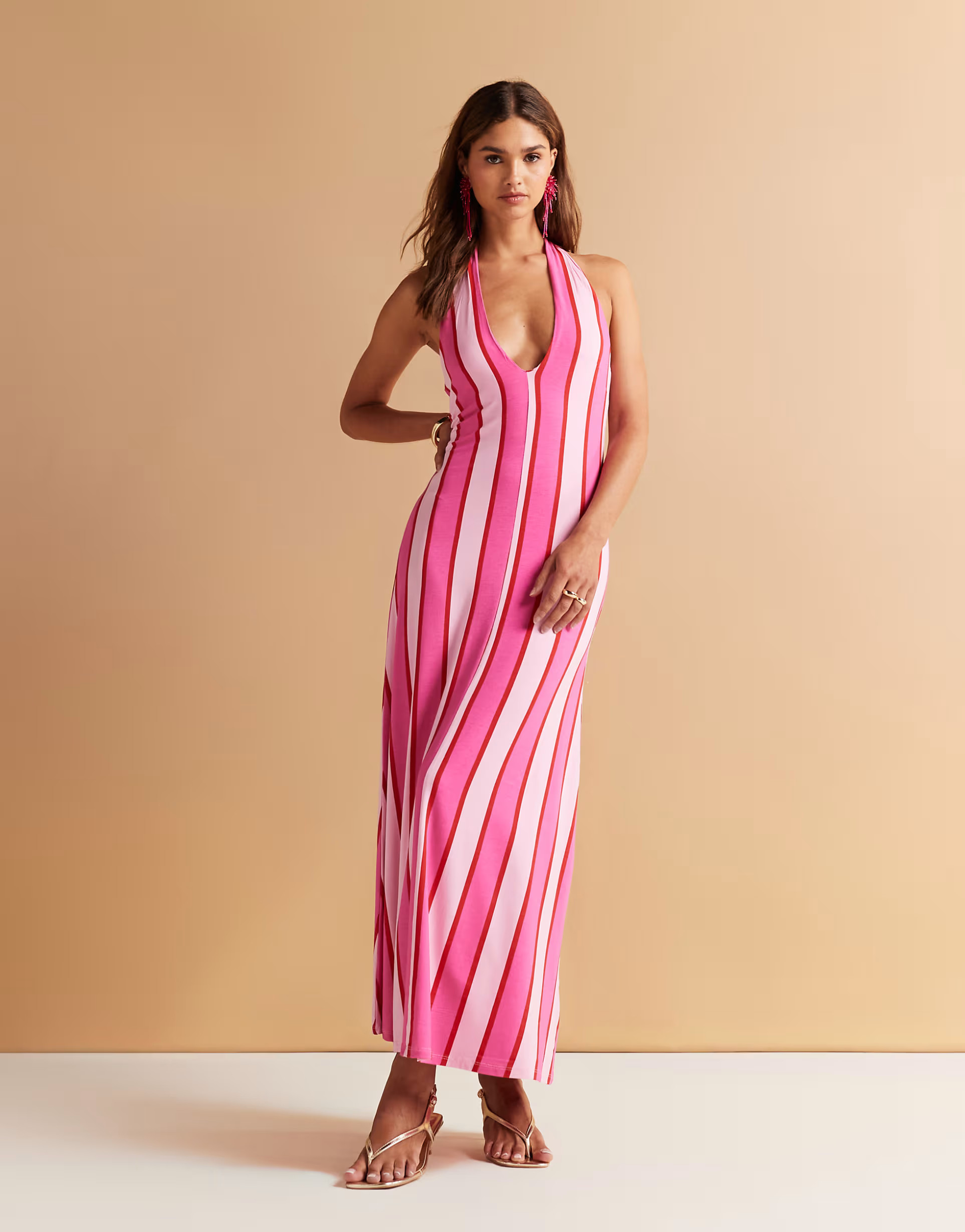 ASOS DESIGN halter maxi dress printed in pink stripe | ASOS (Global)