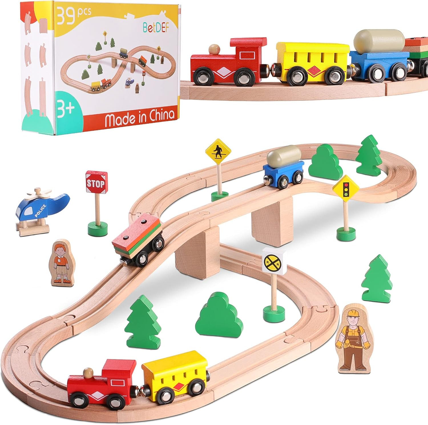 BetDEF 39 Pieces Train Set,Wooden Train Set with Double-Side Wooden Tracks-Fits Thomas, Brio, Chu... | Amazon (US)