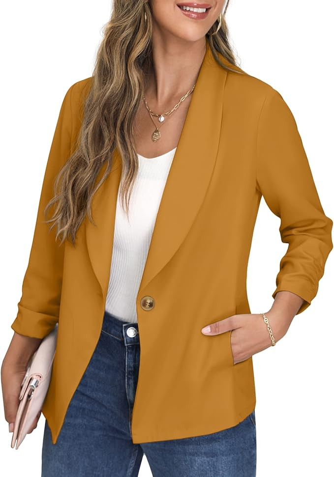 ONLYSTORY Womens Blazer Jackets for Women 3/4 Ruched Sleeve Work Casual Blazer with Pockets | Amazon (US)