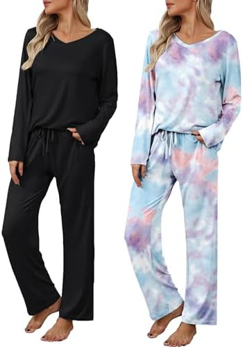 Ekouaer Womens 2 Pack Pajama Set Long Sleeve Pajamas Top and Pants V Neck Pjs Set Soft Loungewear... | Amazon (US)
