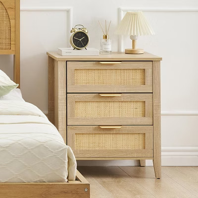 Farmhouse Rattan Bedside Table with 3 Drawers,Sturdy Wood Legs – Modern Bedside Table for Bedroom, Living Room, Entryway | Target