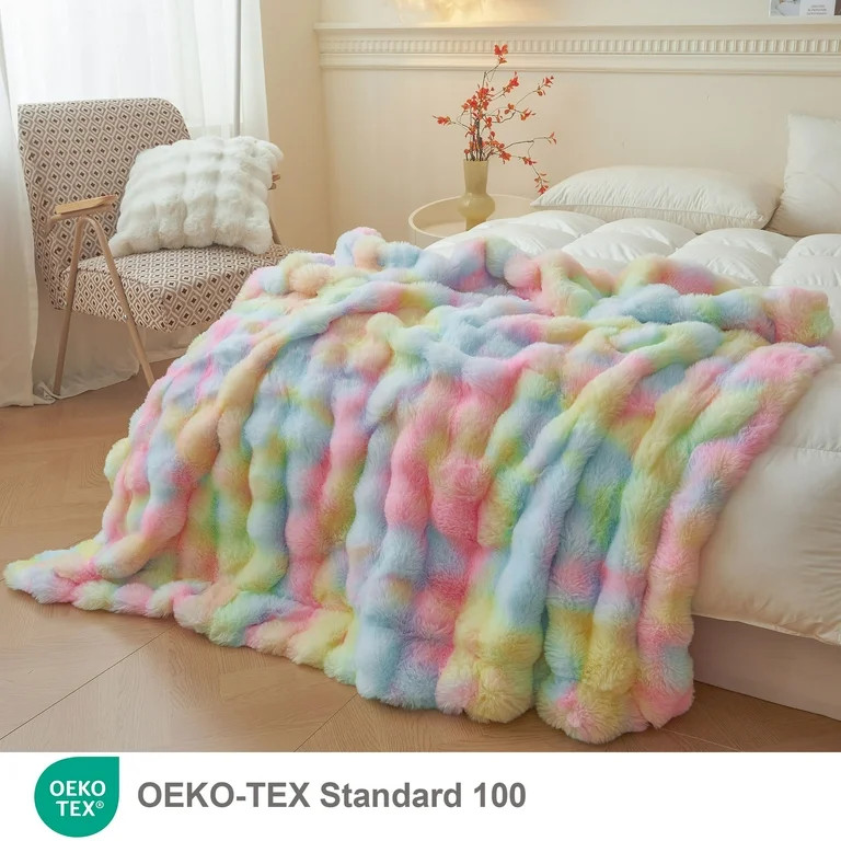LIFEREVO Fluffy Faux Rabbit Fur Bubble Throw, Rainbow Plush Shaggy Blanket for Couch Sofa Chair, ... | Walmart (US)