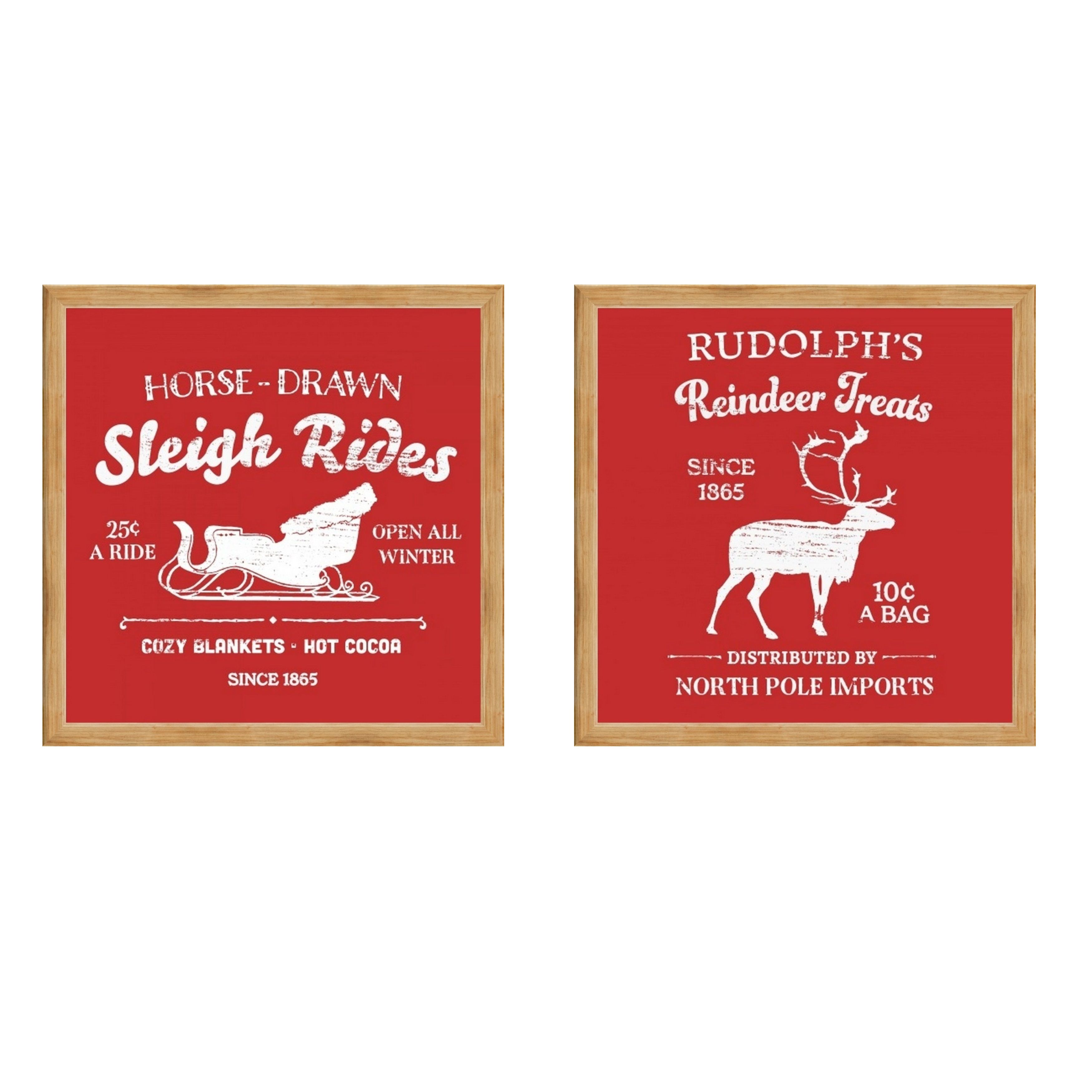 My Texas House "Red Sleigh Rides and Reindeer Bundle Set of 2" Natural Wood Framed Print Christma... | Walmart (US)