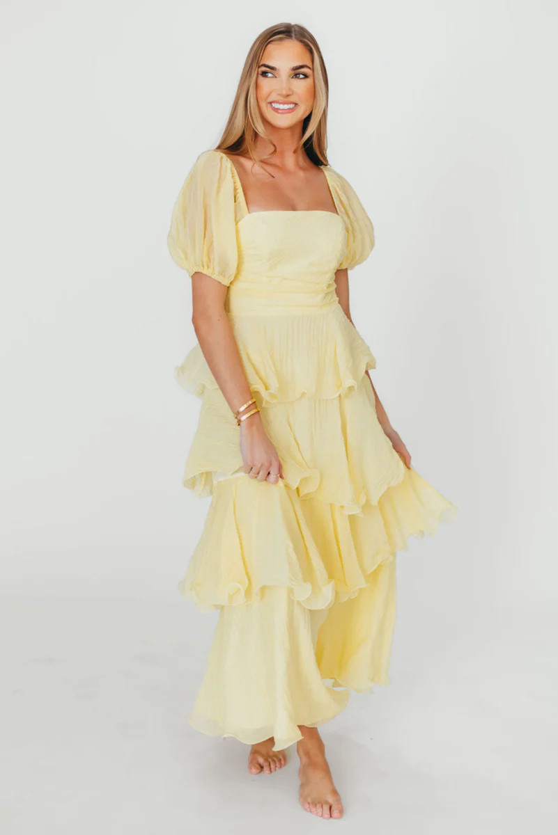 Ashlyn Tiered Ruffle Midi Dress in Lemon | Worth Collective
