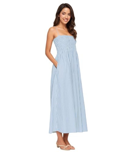 Women Spaghetti Strap Smocked Maxi Dresses Flowy Striped Summer Vacation Dress A-Line Beach Sundr... | Amazon (US)