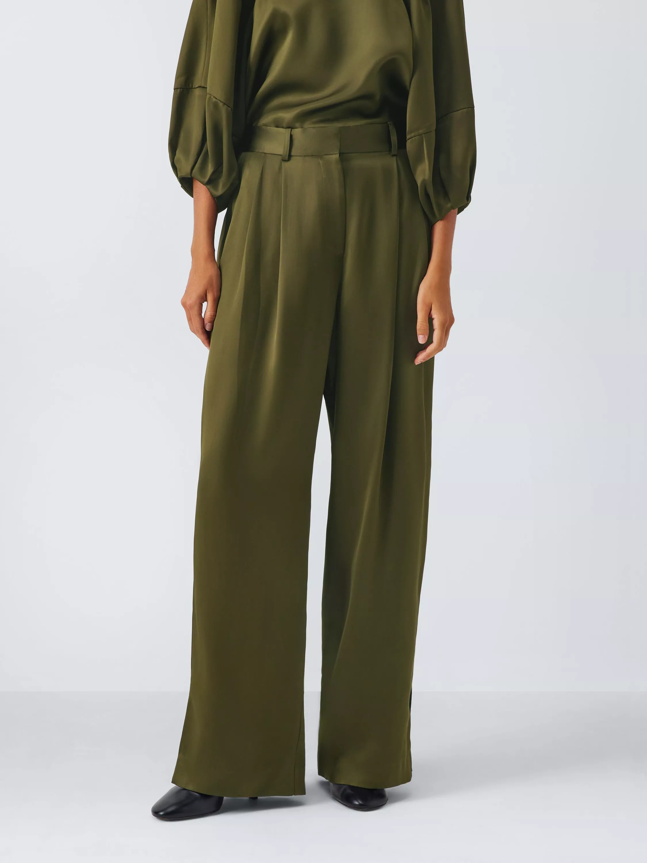 John Lewis Pleat Satin Trousers, Dark Olive | John Lewis (UK)