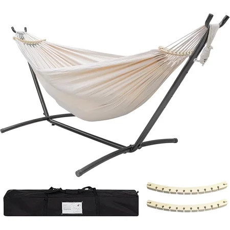 SZHLUX Double Hammock with Stand Included 450lb Capacity Steel Stand, Premium Carry Bag Included.Indoor Outdoor Brazilian-Style Cotton Bed for Backyard, Camping,Garden, Beige | Walmart (US)