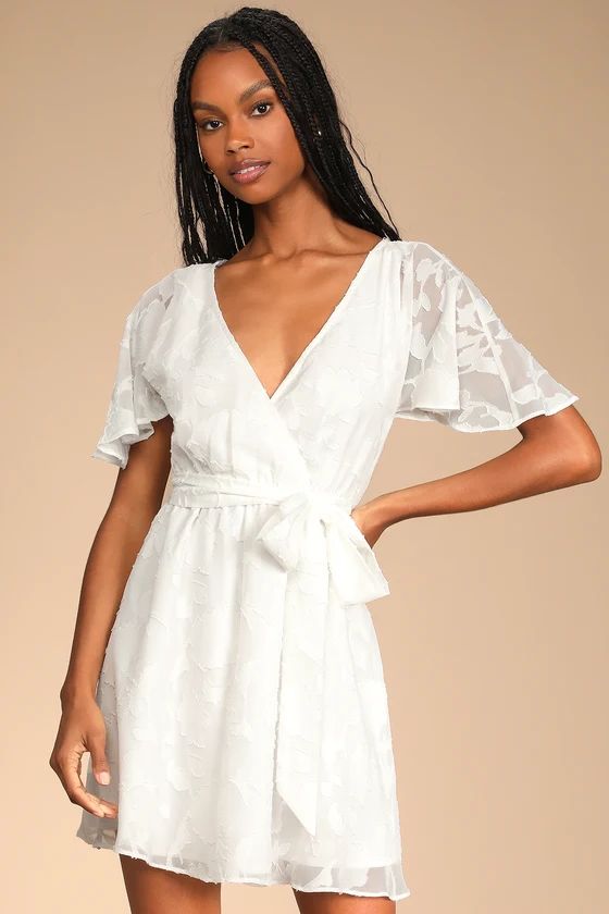 Flutter Forever White Burnout Jacquard Flutter Sleeve Mini Dress | Lulus (US)