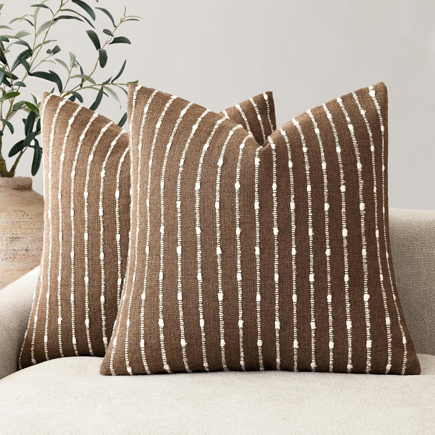 Foindtower Decorative Striped Boucle Throw Pillow Covers 22x22 Inch Brown | Amazon (US)