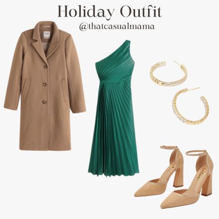 Holiday outfit, one shoulder pleated maxi dress, rhinestone earrings, nude heels, wool coat. #holidaypartydress #holidaydress #partydress #chistmasdress #holidayparty 

#LTKCyberWeek #LTKHoliday #LTKHolidaySale