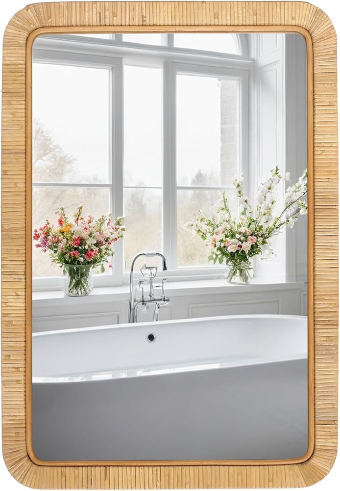 FUIN 20" x 30" Rattan Wicker Rectangle Wall Mounted Bathroom Mirror for Coastal Boho Nursery Deco... | Amazon (US)