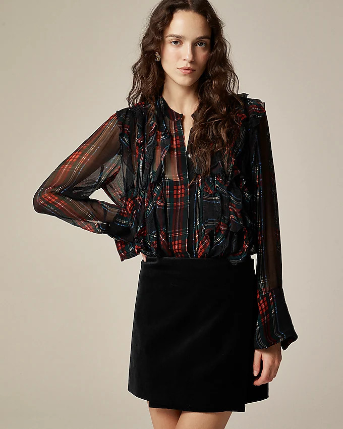 Ruffle-front top in tartan crinkle cupro | J. Crew US