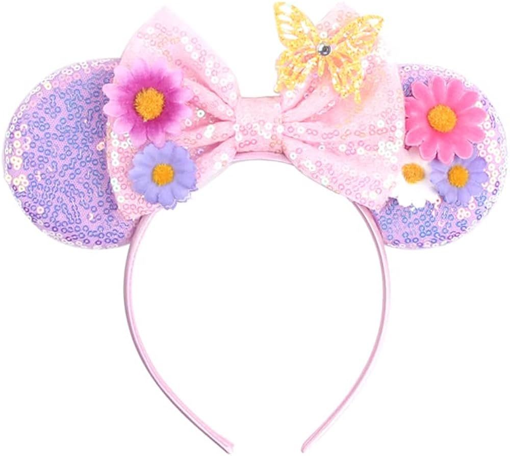Flower Mouse Ear Headbands Sequins Ears with Daisy Sunflower Butterfly Hair Band, Floral Mouse Ea... | Amazon (US)