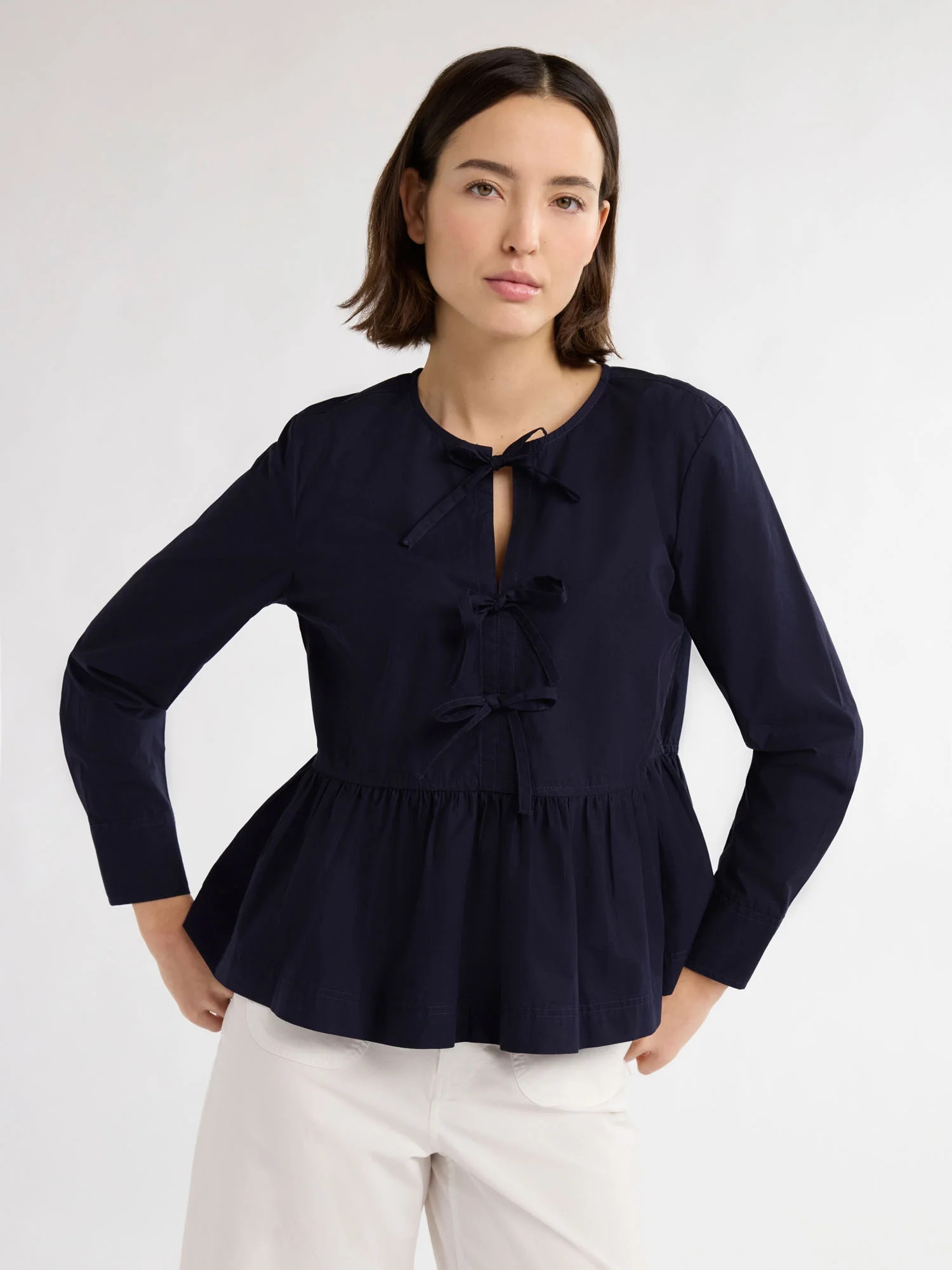 Free Assembly Women’s and Women's Plus Cotton Bow Front Top with Long Sleeves, Sizes XS-4X | Walmart (US)