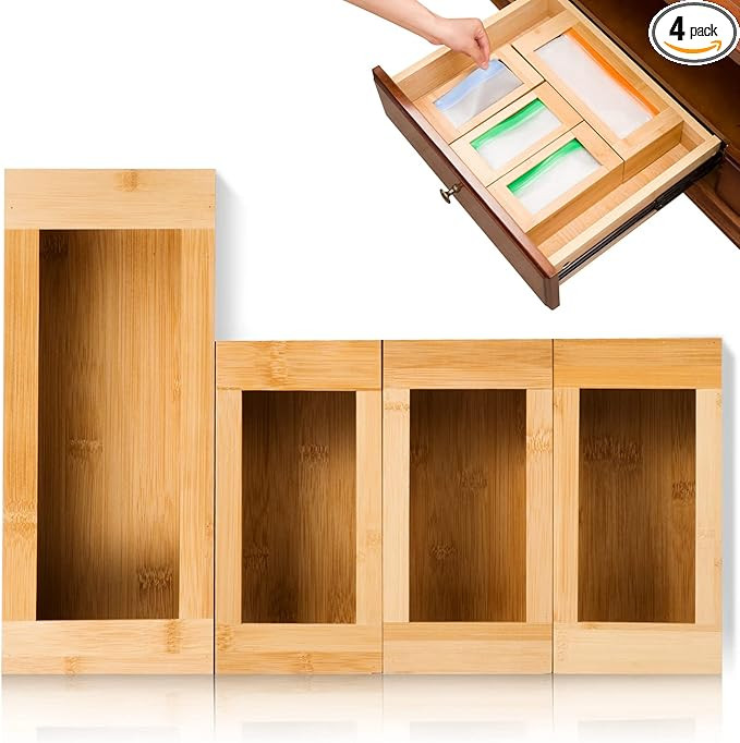 Bamboo Ziplock Bag Storage Organizer for Kitchen Drawer, 4 Pcs Premium Food Storage Plastic Bag H... | Amazon (US)