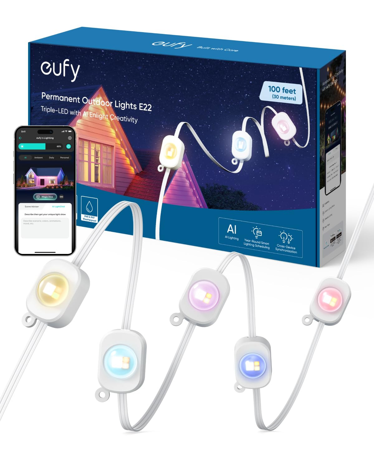 eufy Permanent Outdoor Lights E22, 100ft with 60 Triple-LED Lights, Smart RGBWW for Christmas, Da... | Amazon (US)